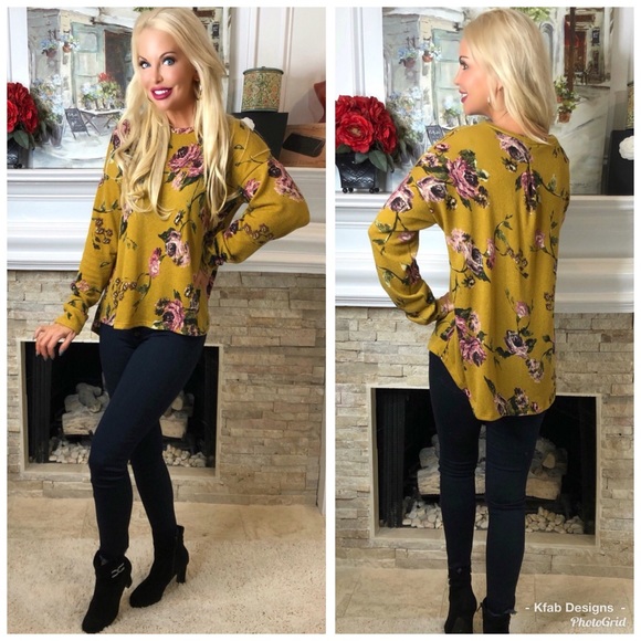 ❤️LAST Mustard Brushed Fabric Floral Oversized Top - Picture 4 of 5